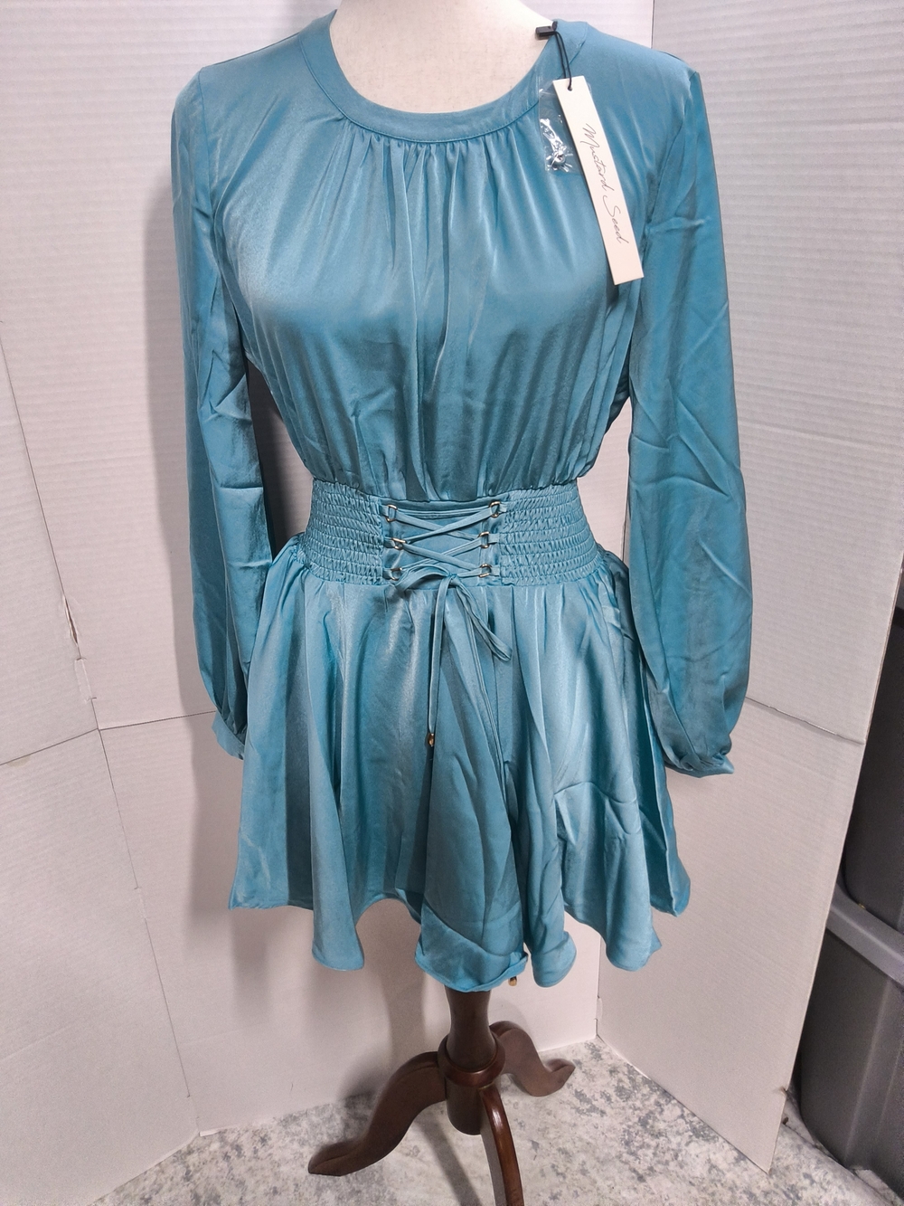 NEW Women’s Size Small Mustard Seed Teal Long-Sleeve Smocked Waist Dress